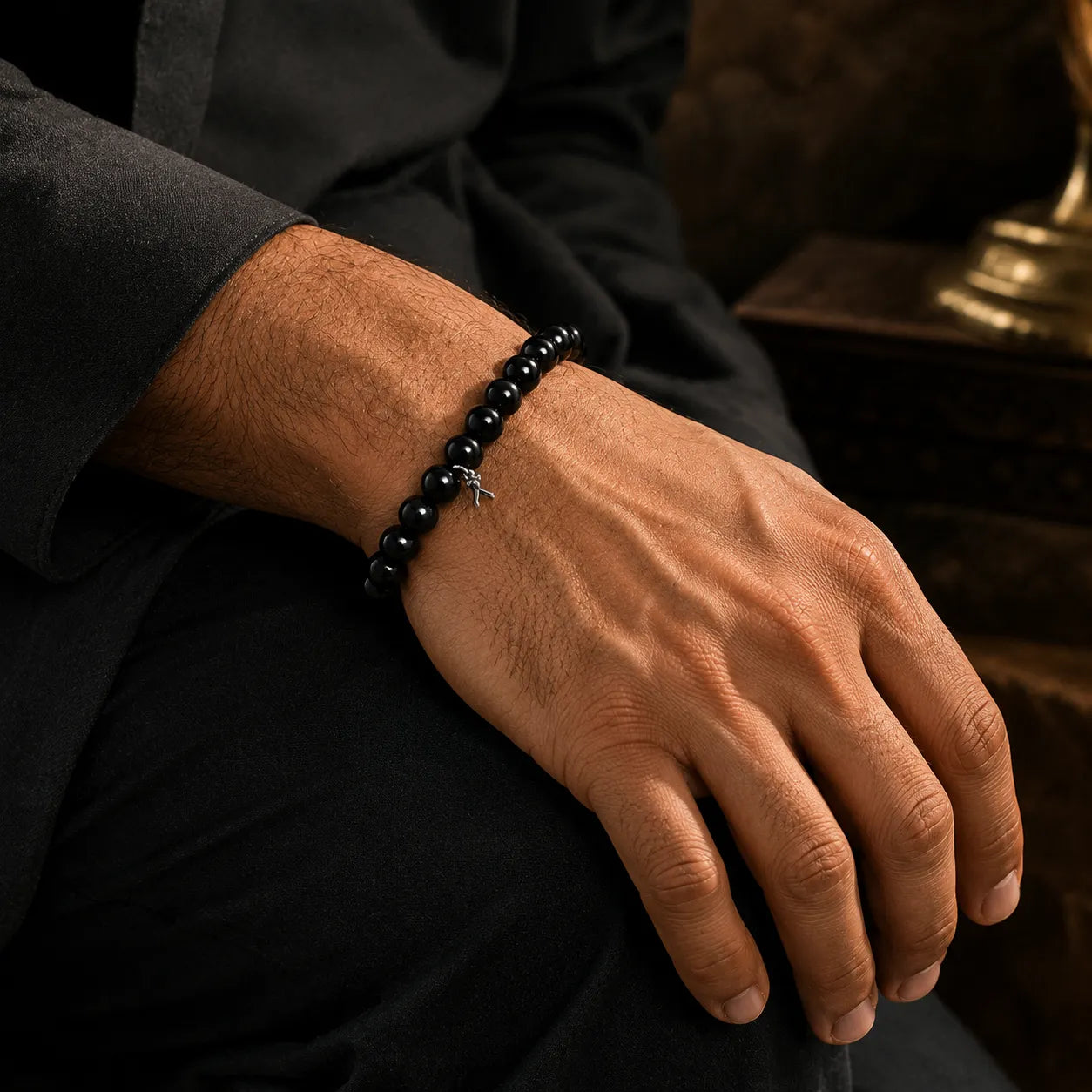 6MM Natural Black Agate Stone Bracelet Berkho with polished black gemstone beads for men and women