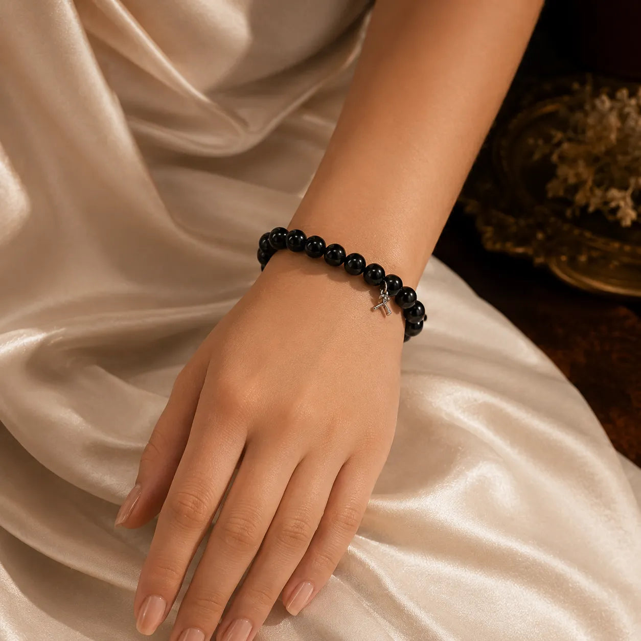 6MM Natural Black Agate Stone Bracelet Berkho with polished black gemstone beads for men and women