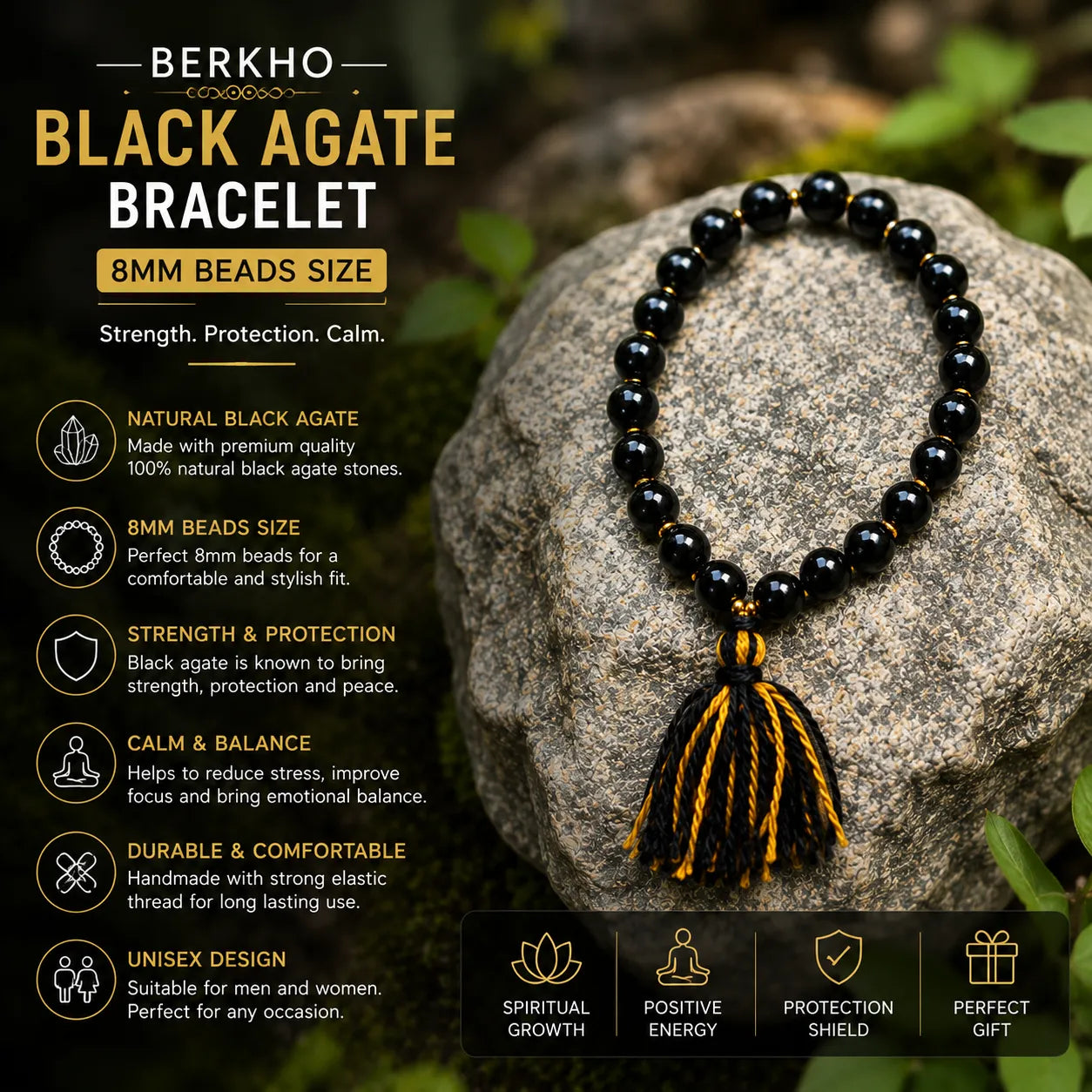 8MM Black Agate Berkho Bracelet with Natural Black Agate Stone Beads and Glossy Finish for Men and Women