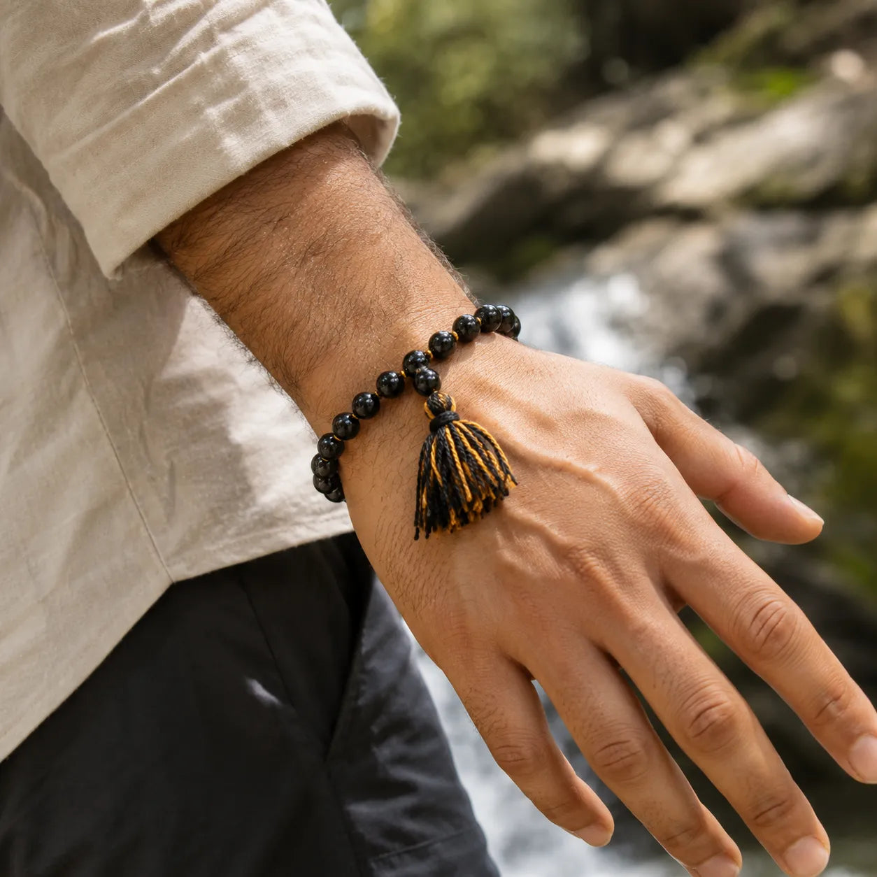 8MM Black Agate Berkho Bracelet with Natural Black Agate Stone Beads and Glossy Finish for Men and Women