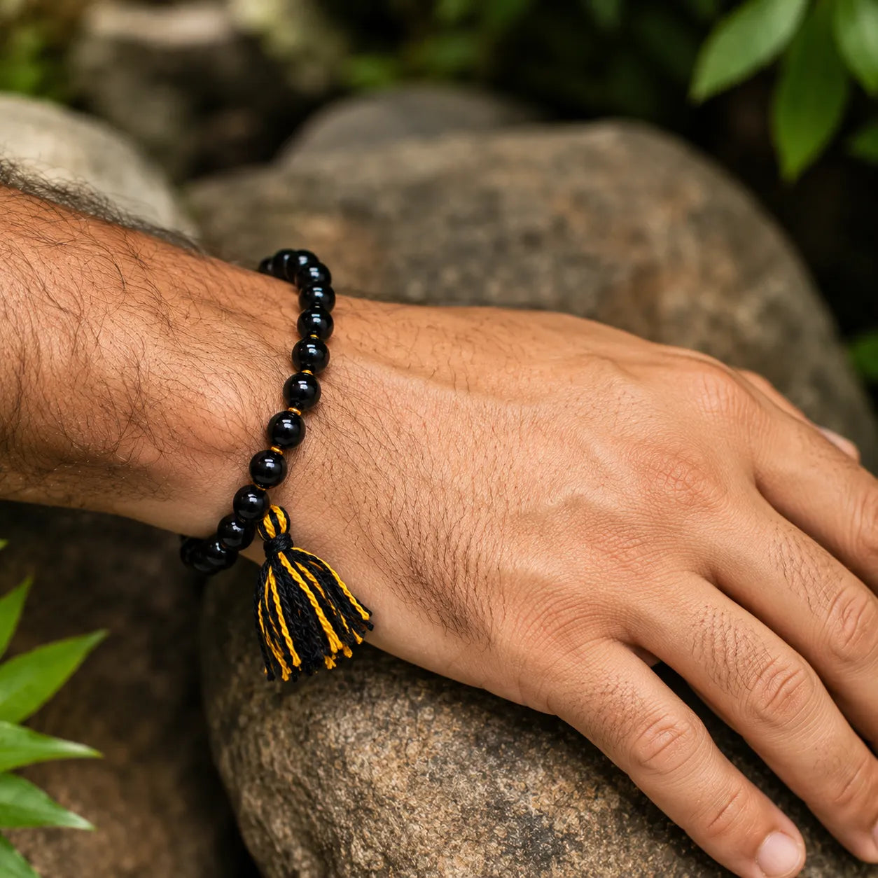 8MM Black Agate Berkho Bracelet with Natural Black Agate Stone Beads and Glossy Finish for Men and Women