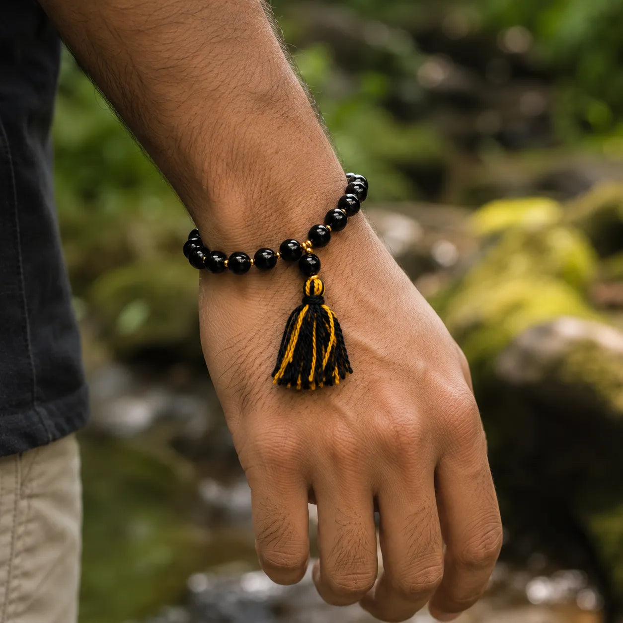 8MM Black Agate Berkho Bracelet with Natural Black Agate Stone Beads and Glossy Finish for Men and Women