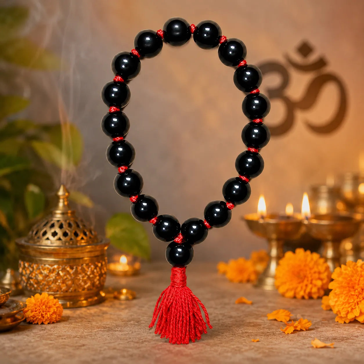 12MM Black Agate Berkho Bracelet with Red Thread and Natural Black Agate Stone Beads for Men and Women