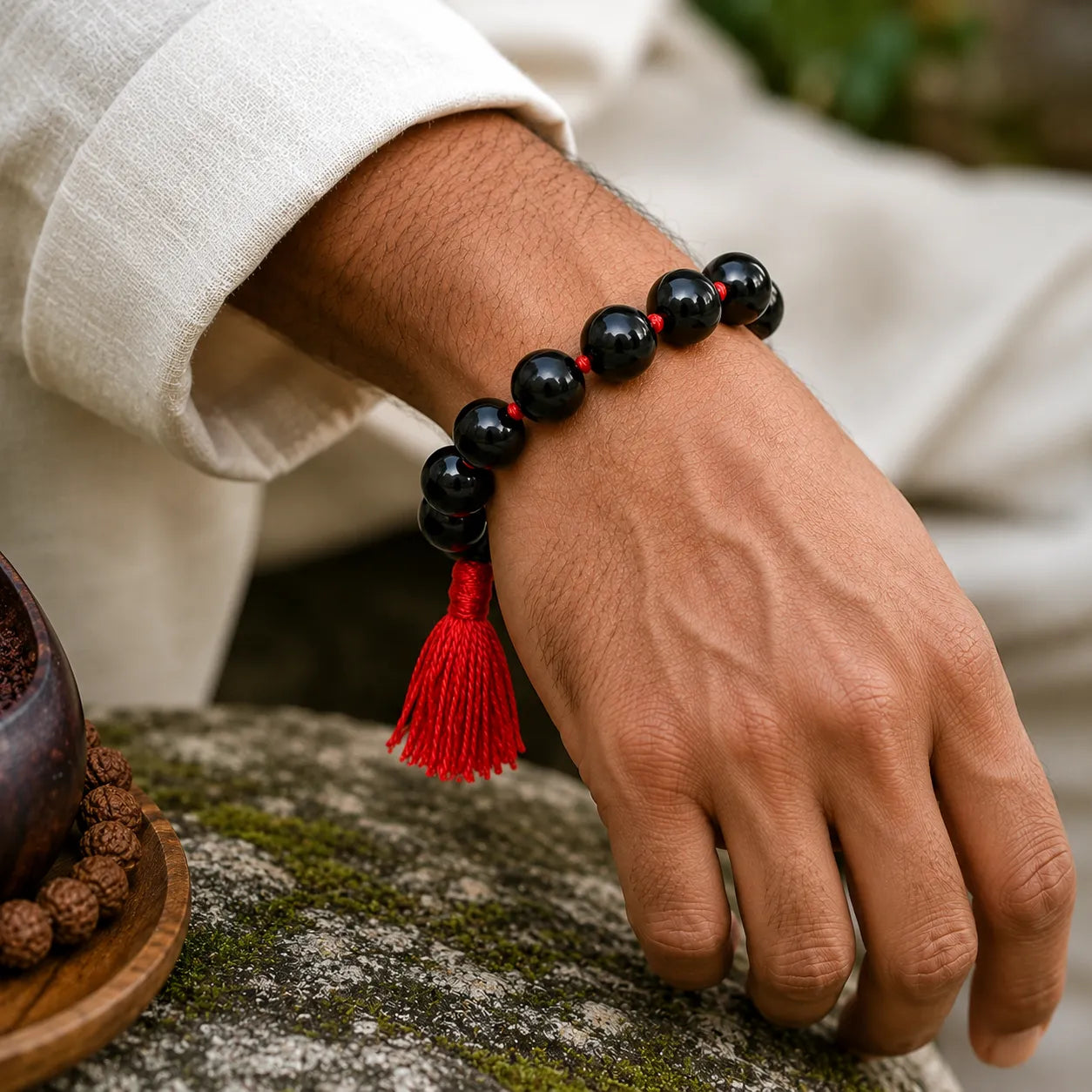 12MM Black Agate Berkho Bracelet with Red Thread and Natural Black Agate Stone Beads for Men and Women