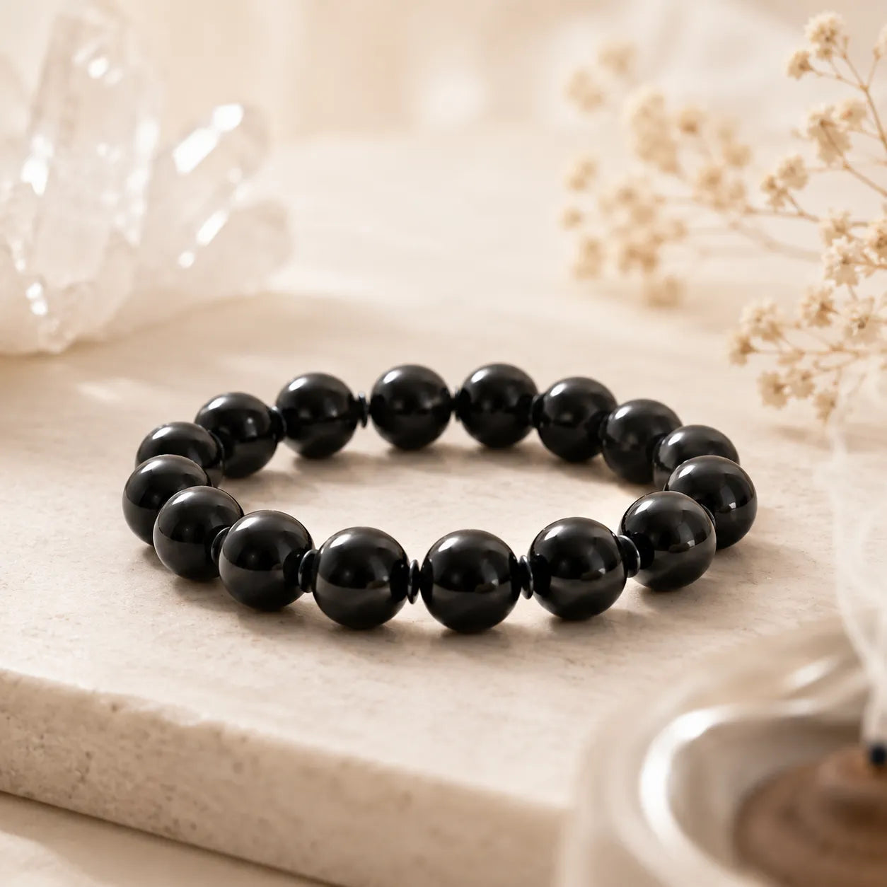 12MM Black Agate Stone Bracelet with Natural Black Gemstone Beads and Glossy Finish for Men and Women