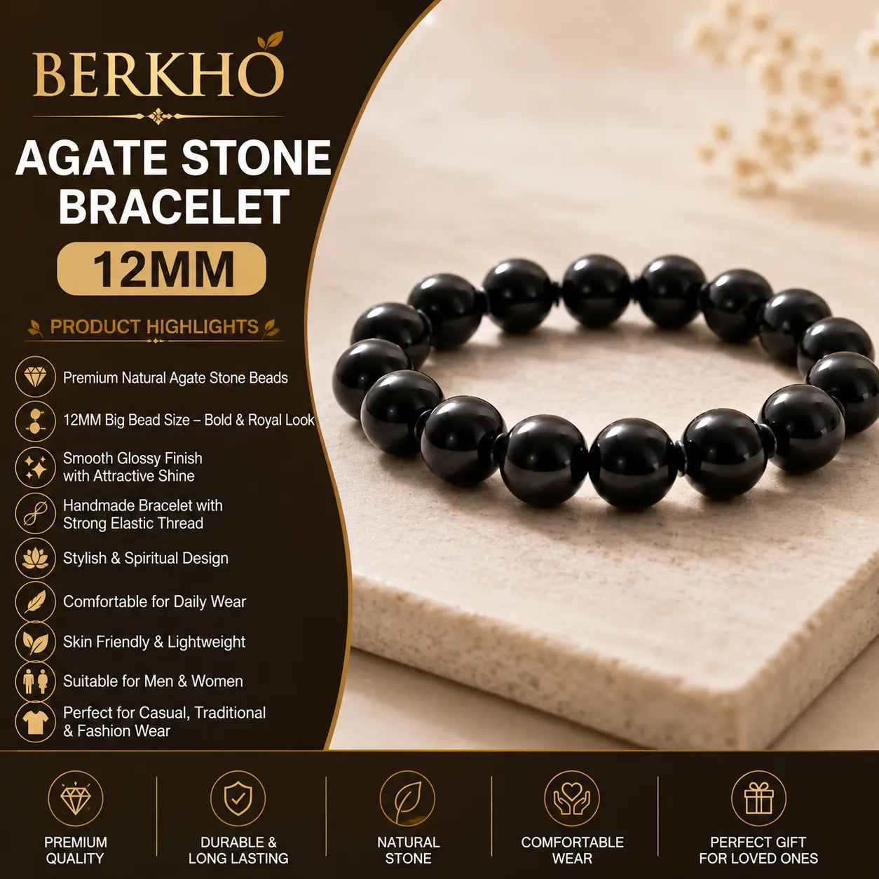 12MM Black Agate Stone Bracelet with Natural Black Gemstone Beads and Glossy Finish for Men and Women