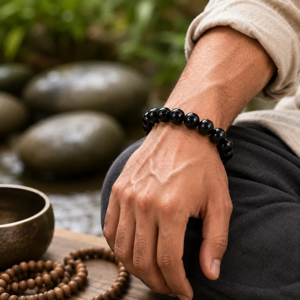 12MM Black Agate Stone Bracelet with Natural Black Gemstone Beads and Glossy Finish for Men and Women