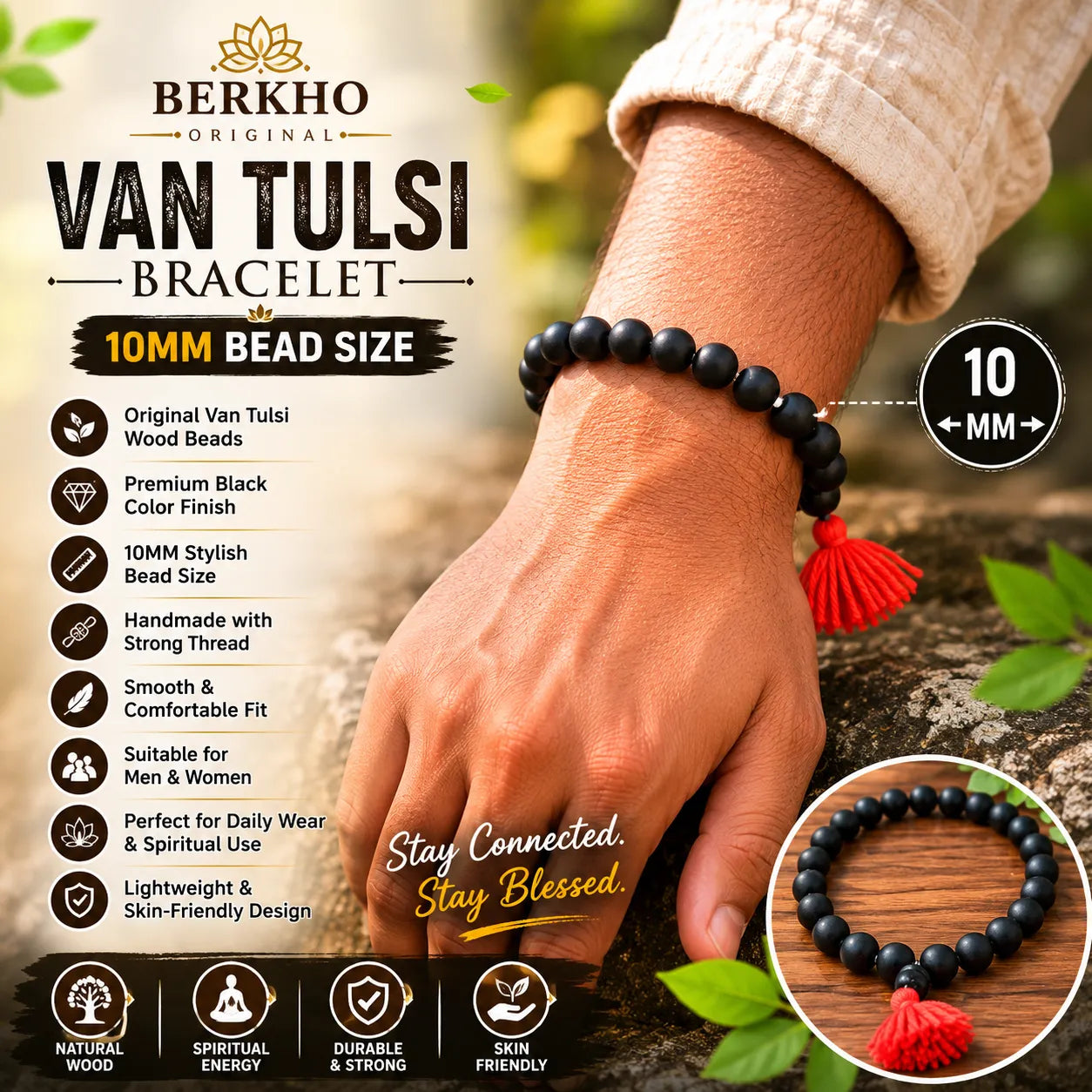 10MM Black Color Original Van Tulsi Berkho Bracelet Sacred Tulsi Wood Beads Bracelet