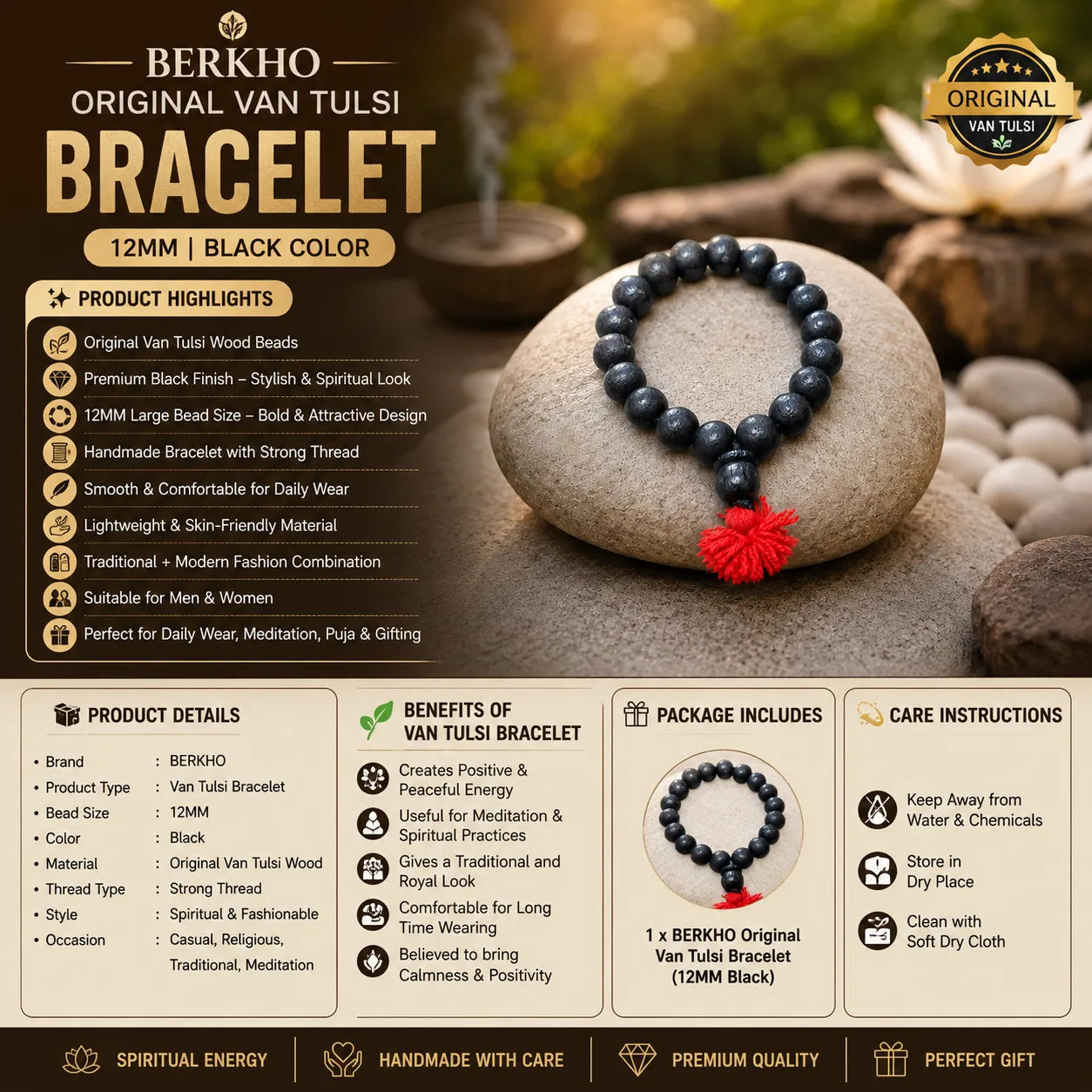 12MM Black Color Original Van Tulsi Berkho Bracelet Handmade Natural Tulsi Wood Spiritual Bracelet