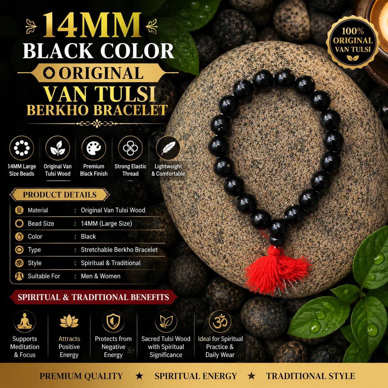 14MM Black Color Original Van Tulsi Berkho Bracelet Handmade Natural Tulsi Wood Spiritual Bracelet