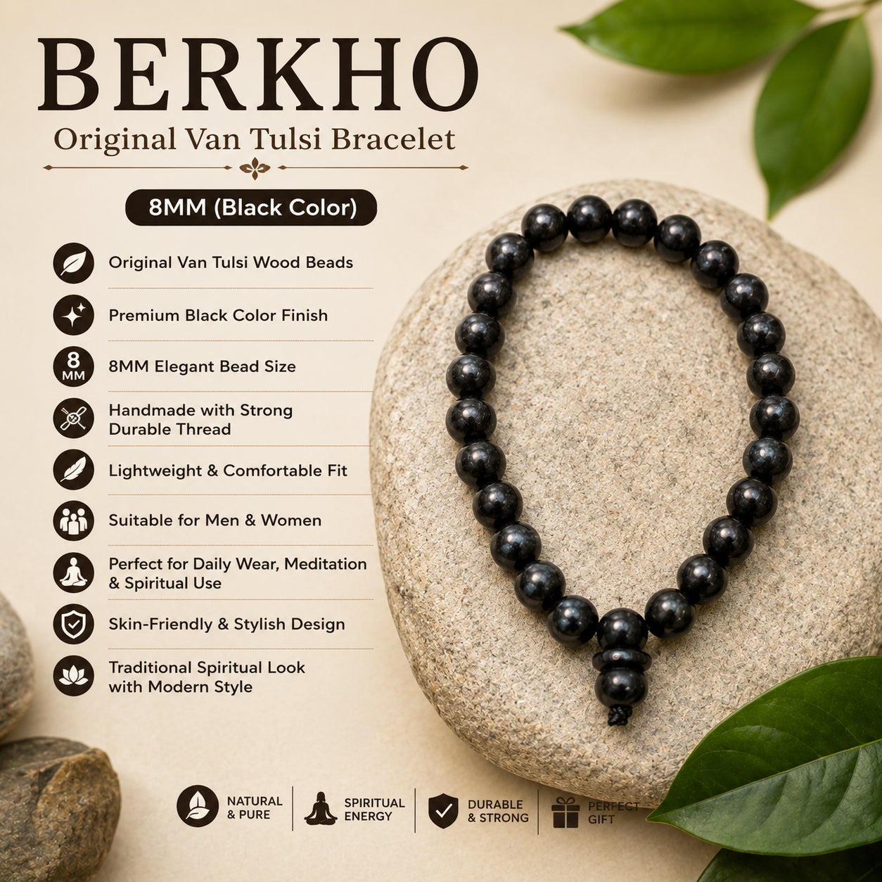8MM Black Color Original Van Tulsi Berkho Bracelet Natural Tulsi Wood Bead Bracelet