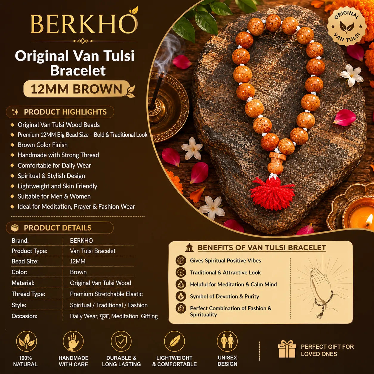 12MM Brown Color Original Van Tulsi Berkho Bracelet Handmade Natural Tulsi Wood Spiritual Bracelet