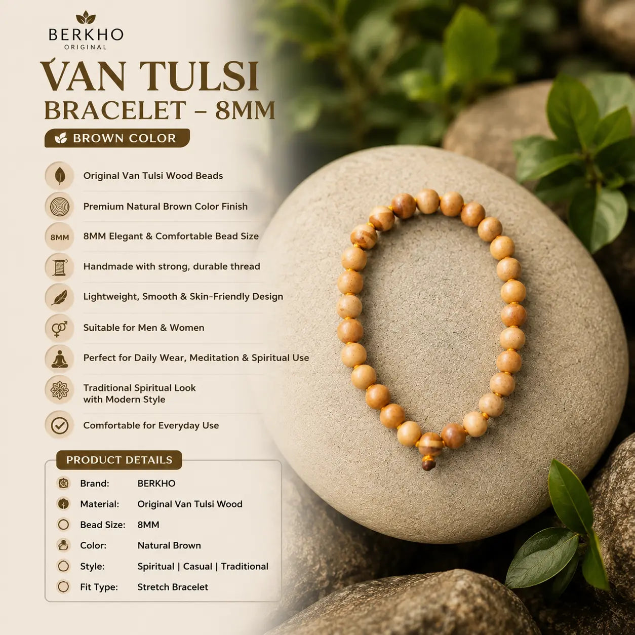 8MM Brown Color Original Van Tulsi Berkho Bracelet Natural Tulsi Wood Bead Bracelet