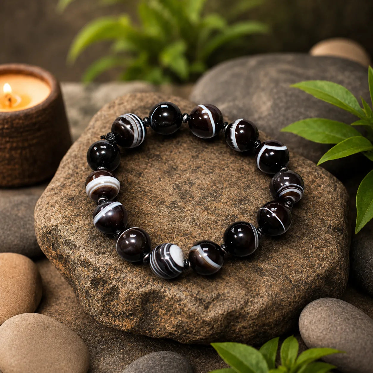 14MM Sulemani Hakik Stone Bracelet Berkho with Natural Black Banded Agate Beads