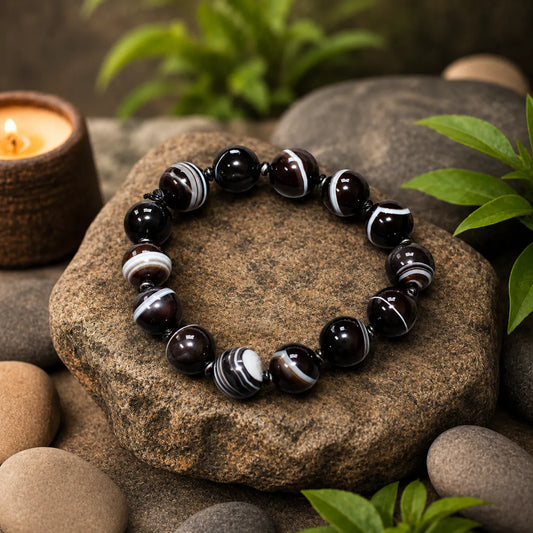 14MM Sulemani Hakik Stone Bracelet Berkho with Natural Black Banded Agate Beads