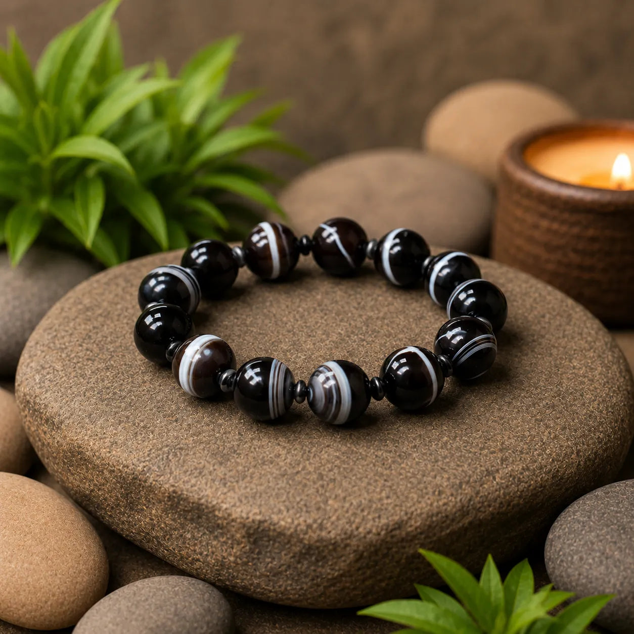 14MM Sulemani Hakik Stone Bracelet Berkho with Natural Black Banded Agate Beads