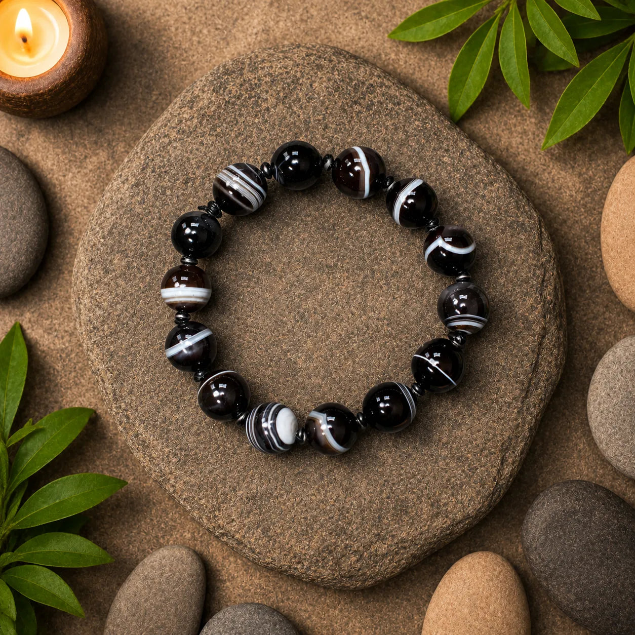 14MM Sulemani Hakik Stone Bracelet Berkho with Natural Black Banded Agate Beads