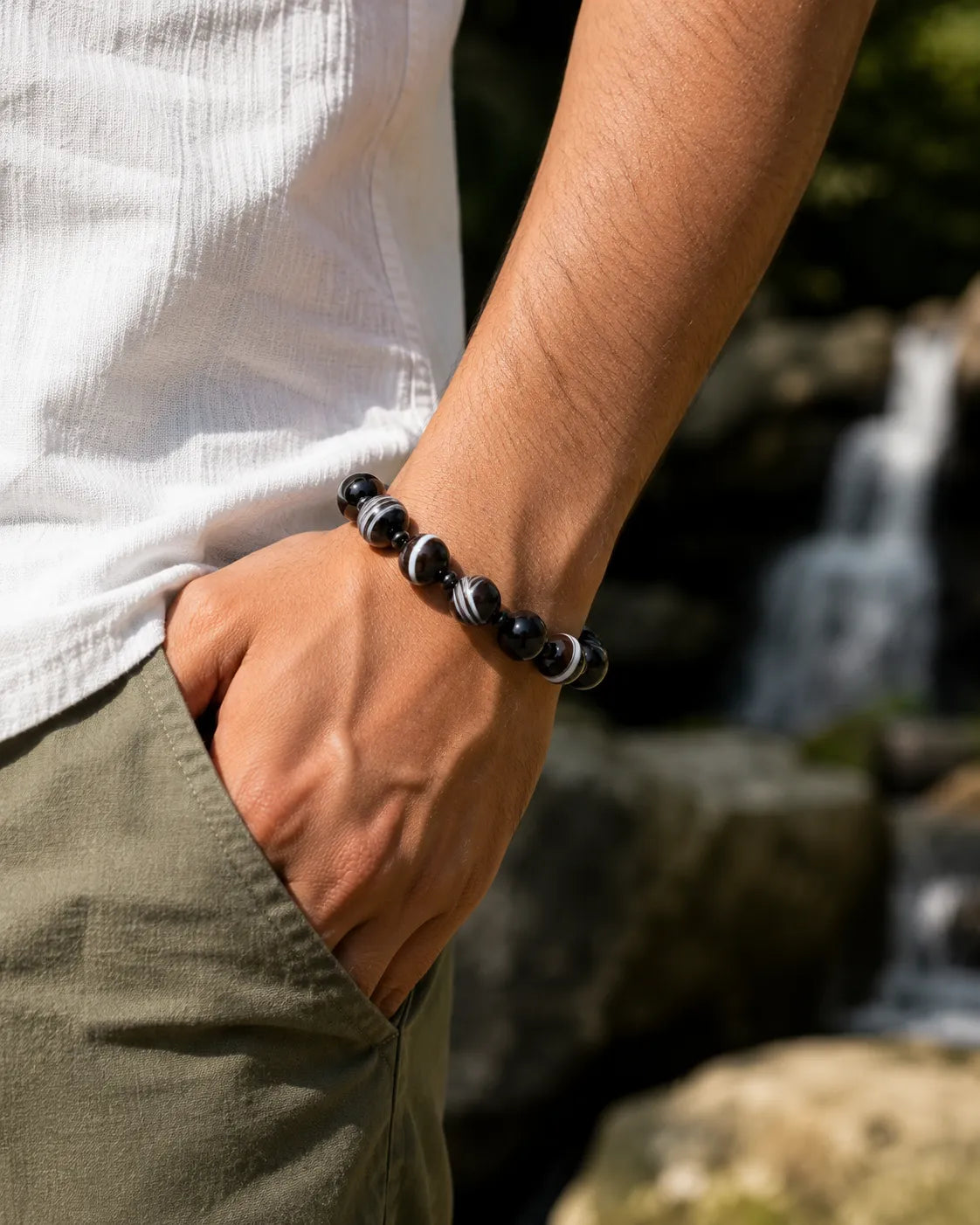 14MM Sulemani Hakik Stone Bracelet Berkho with Natural Black Banded Agate Beads