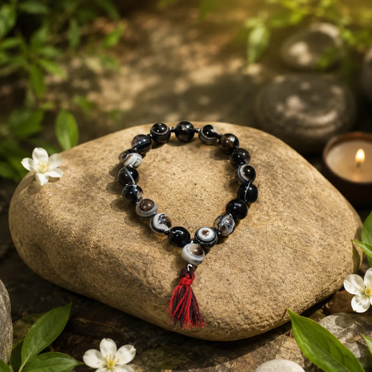 12MM Sulemani Hakik Stone Bracelet Berkho with Natural Black Banded Agate Beads