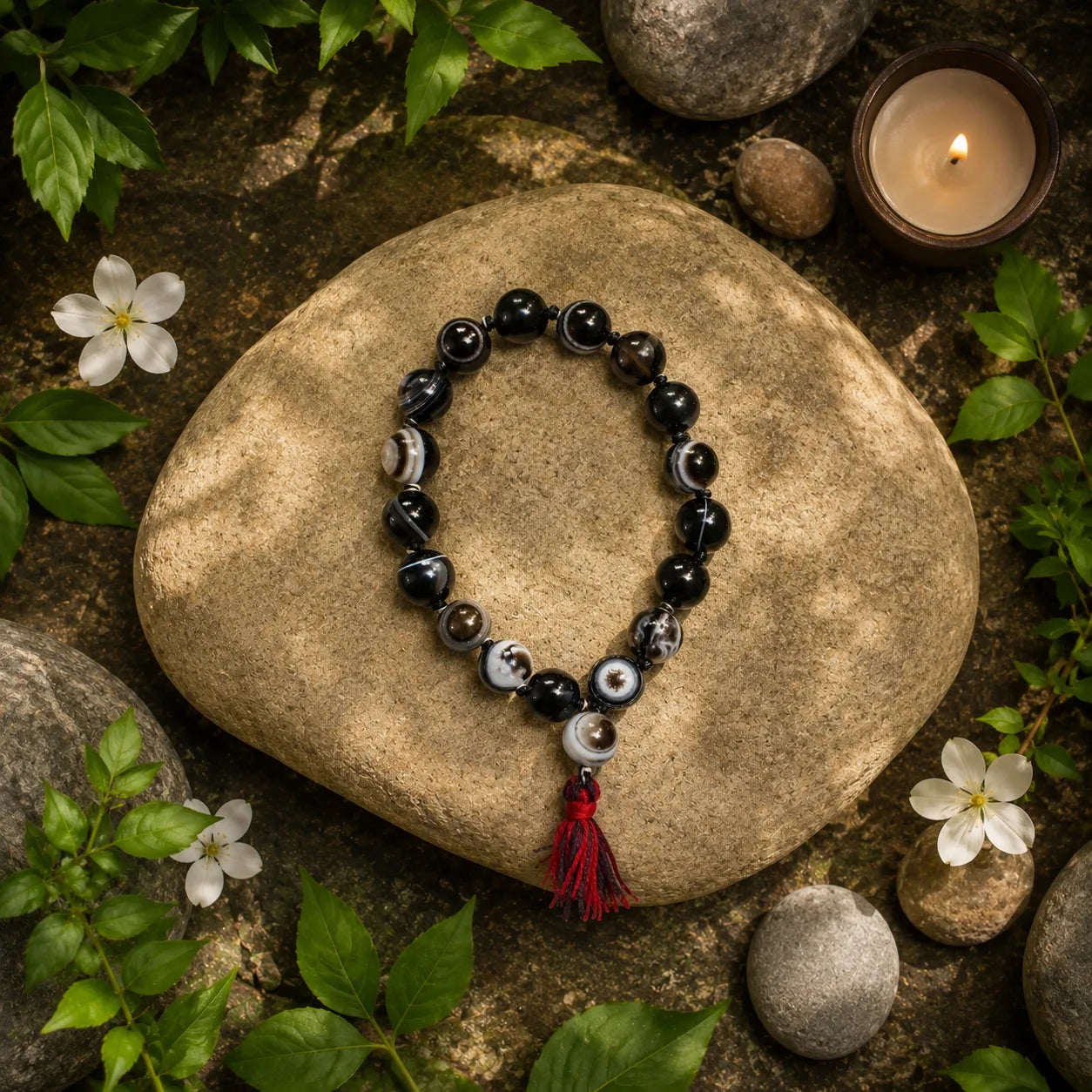 12MM Sulemani Hakik Stone Bracelet Berkho with Natural Black Banded Agate Beads