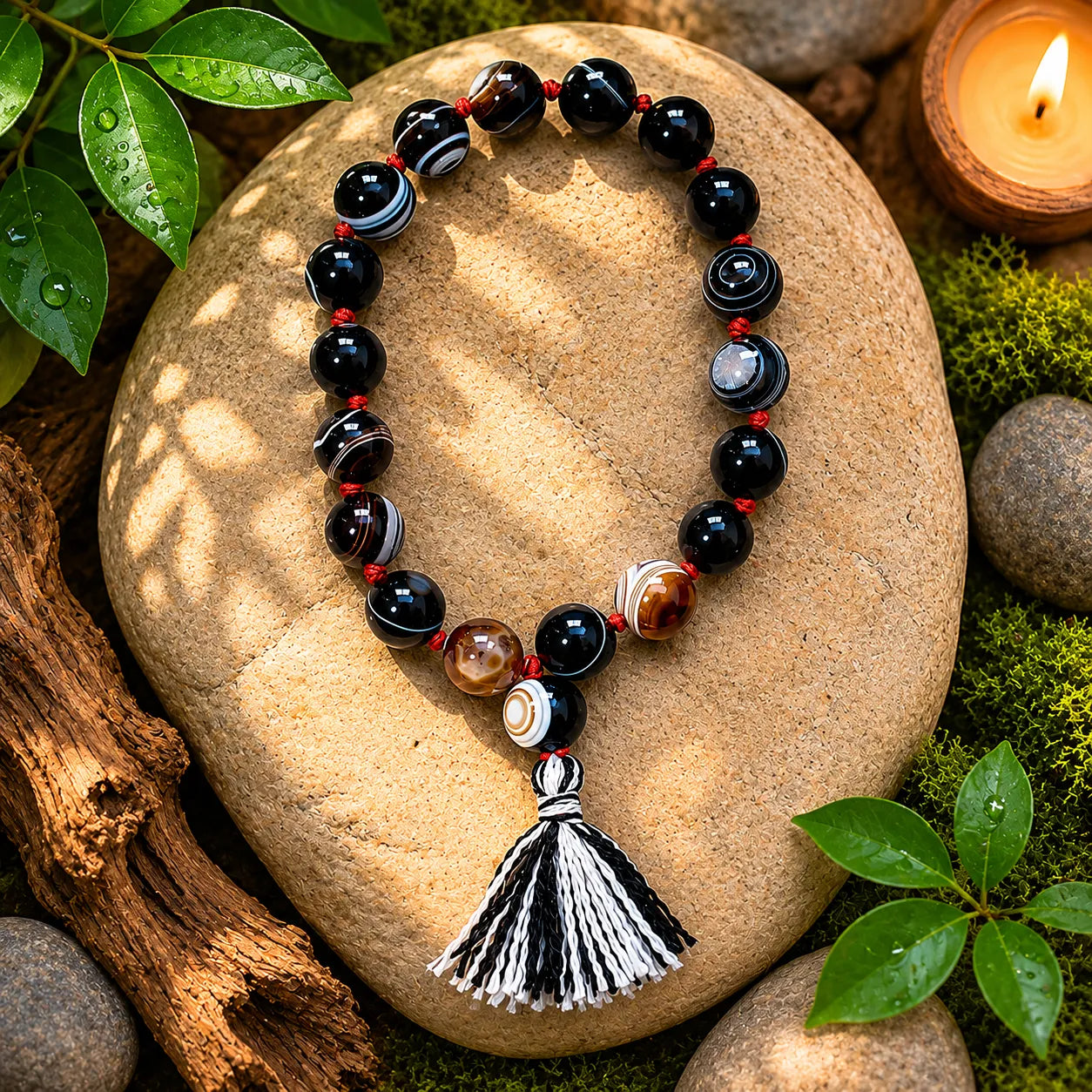 10MM Sulemani Hakik Stone Bracelet Berkho with Natural Black Banded Agate Beads
