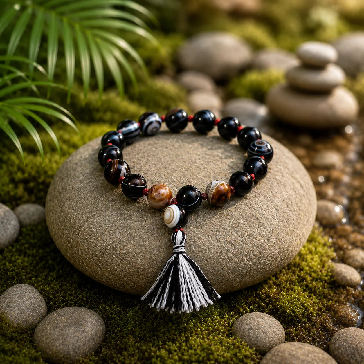 10MM Sulemani Hakik Stone Bracelet Berkho with Natural Black Banded Agate Beads