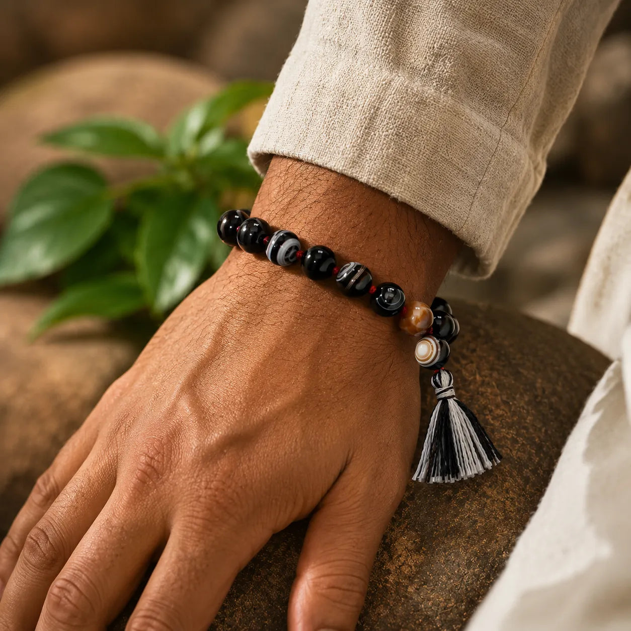 10MM Sulemani Hakik Stone Bracelet Berkho with Natural Black Banded Agate Beads