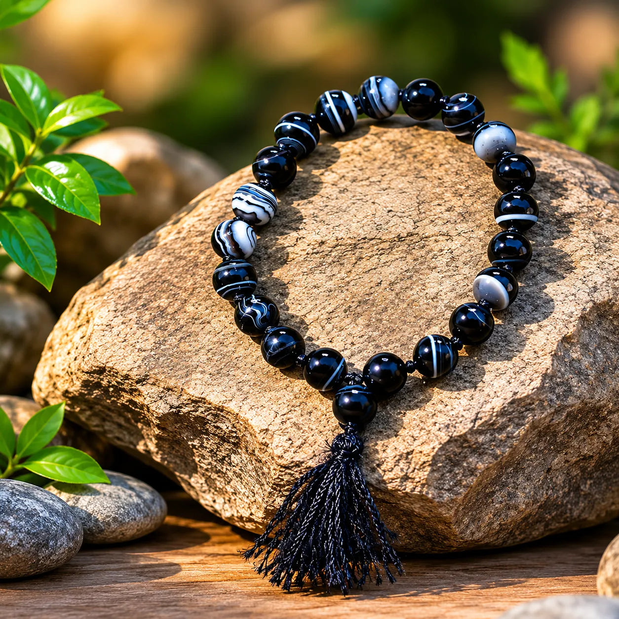 8MM Sulemani Hakik Stone Bracelet Berkho with Natural Black Banded Agate Beads for Men and Women