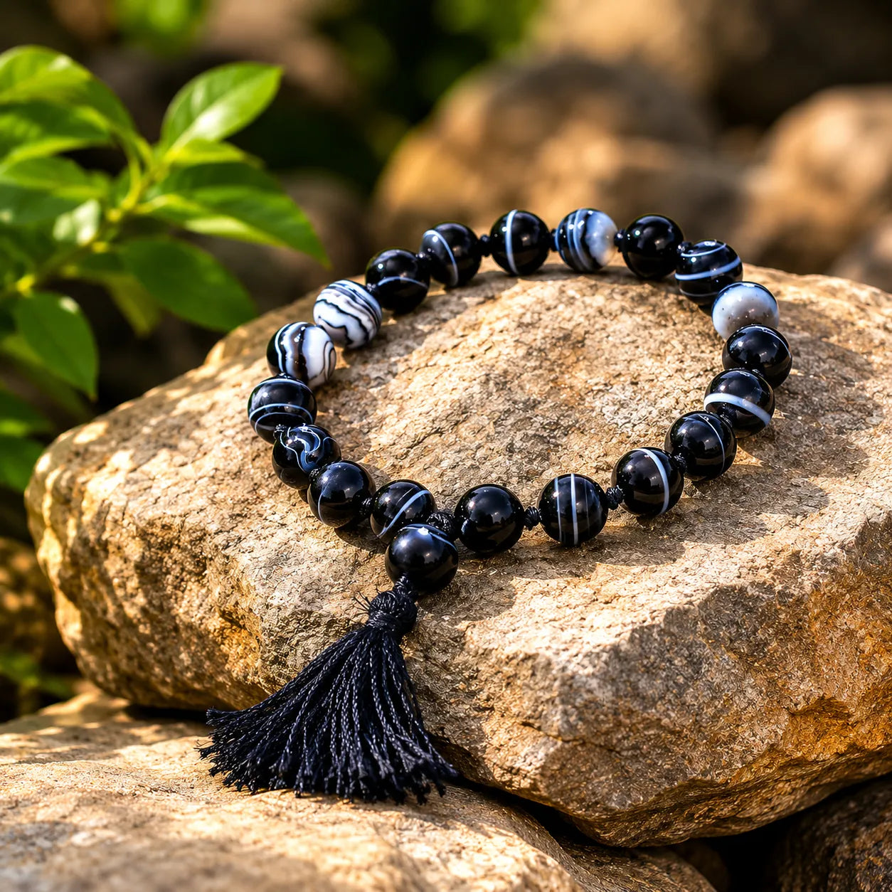 8MM Sulemani Hakik Stone Bracelet Berkho with Natural Black Banded Agate Beads for Men and Women