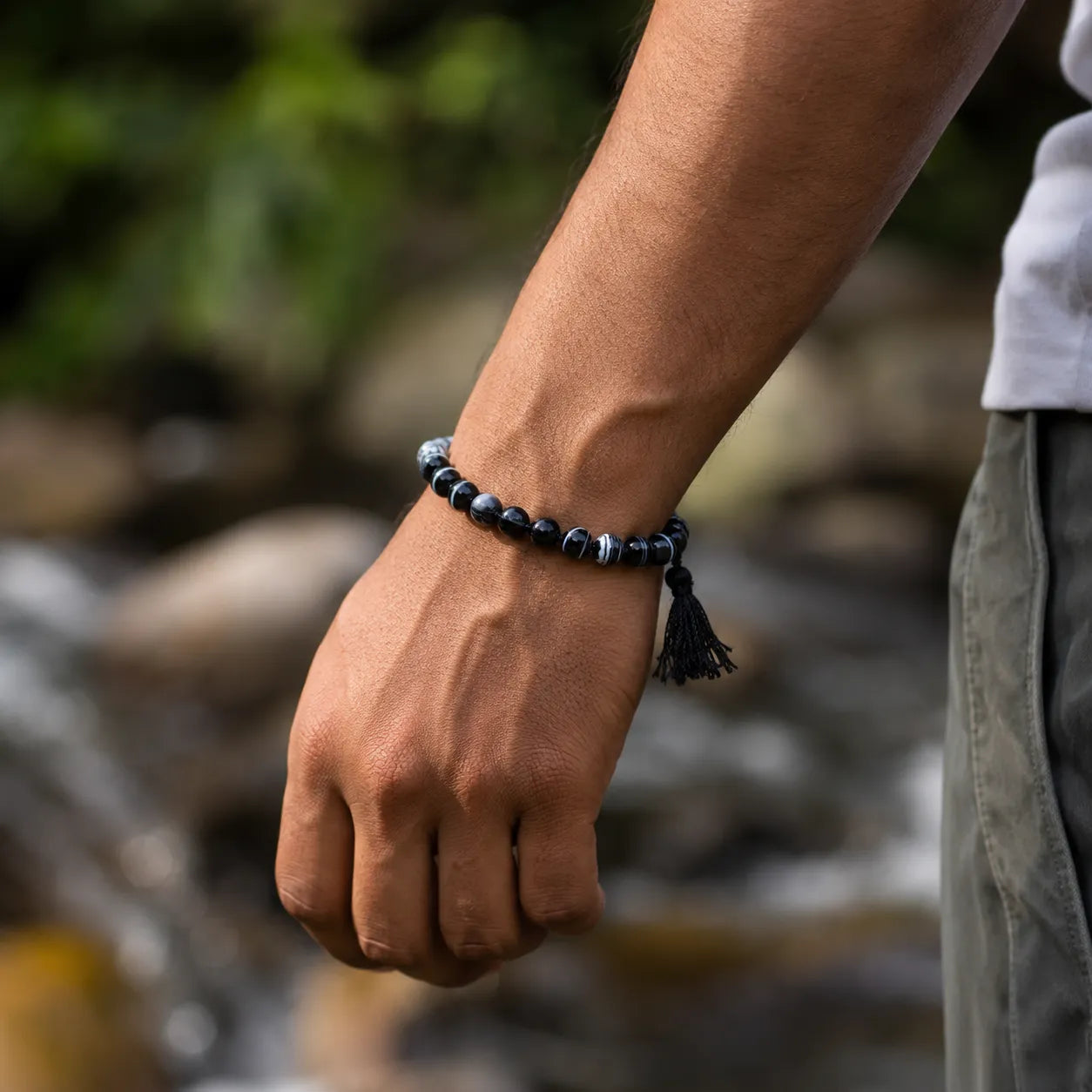 8MM Sulemani Hakik Stone Bracelet Berkho with Natural Black Banded Agate Beads for Men and Women