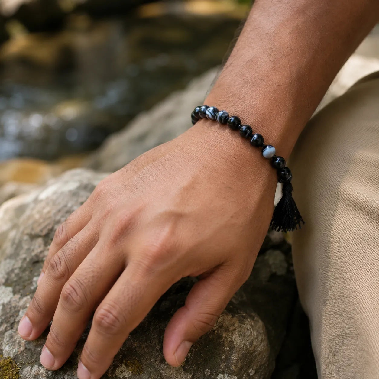 8MM Sulemani Hakik Stone Bracelet Berkho with Natural Black Banded Agate Beads for Men and Women