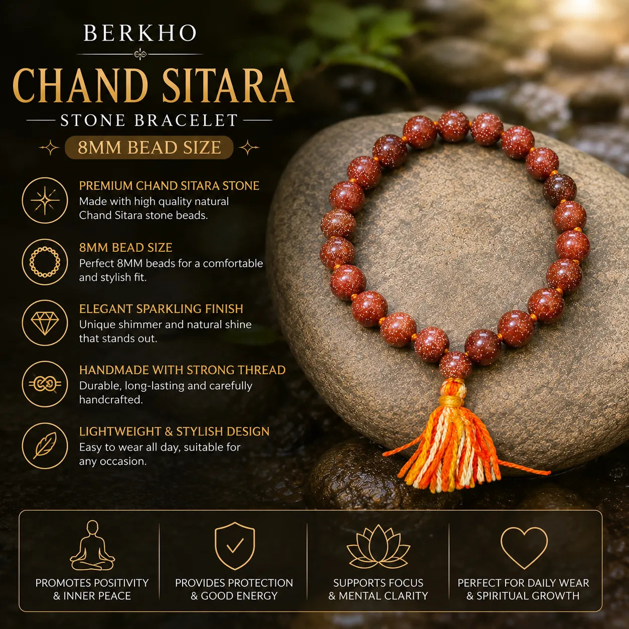 Chand Sitara Stone Bracelet 8MM Premium Spiritual Bead Bracelet with Sparkling Stone Beads