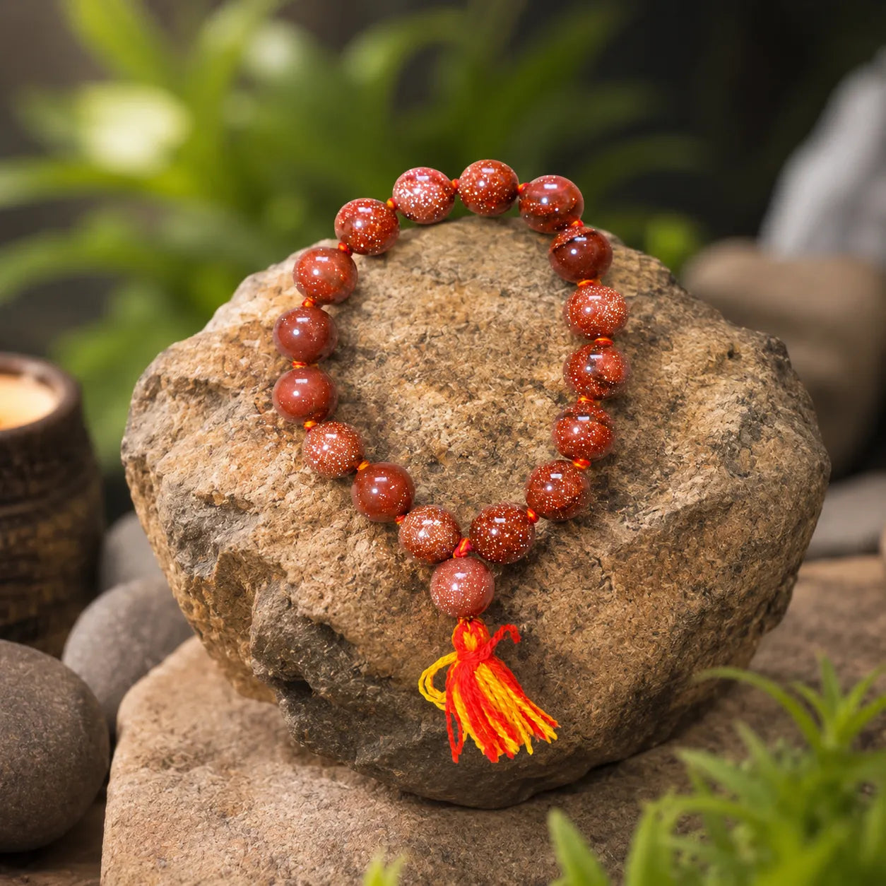 14MM Chand Sitara Stone Bracelet Berkho with sparkling Goldstone gemstone beads, handmade tassel, and premium finish for confidence and positivity.