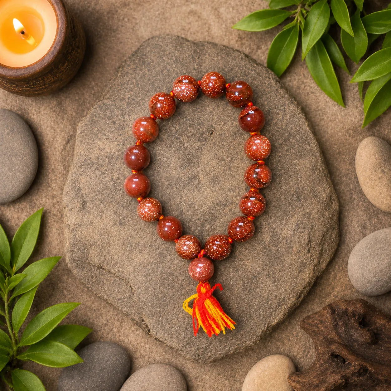 14MM Chand Sitara Stone Bracelet Berkho with sparkling Goldstone gemstone beads, handmade tassel, and premium finish for confidence and positivity.