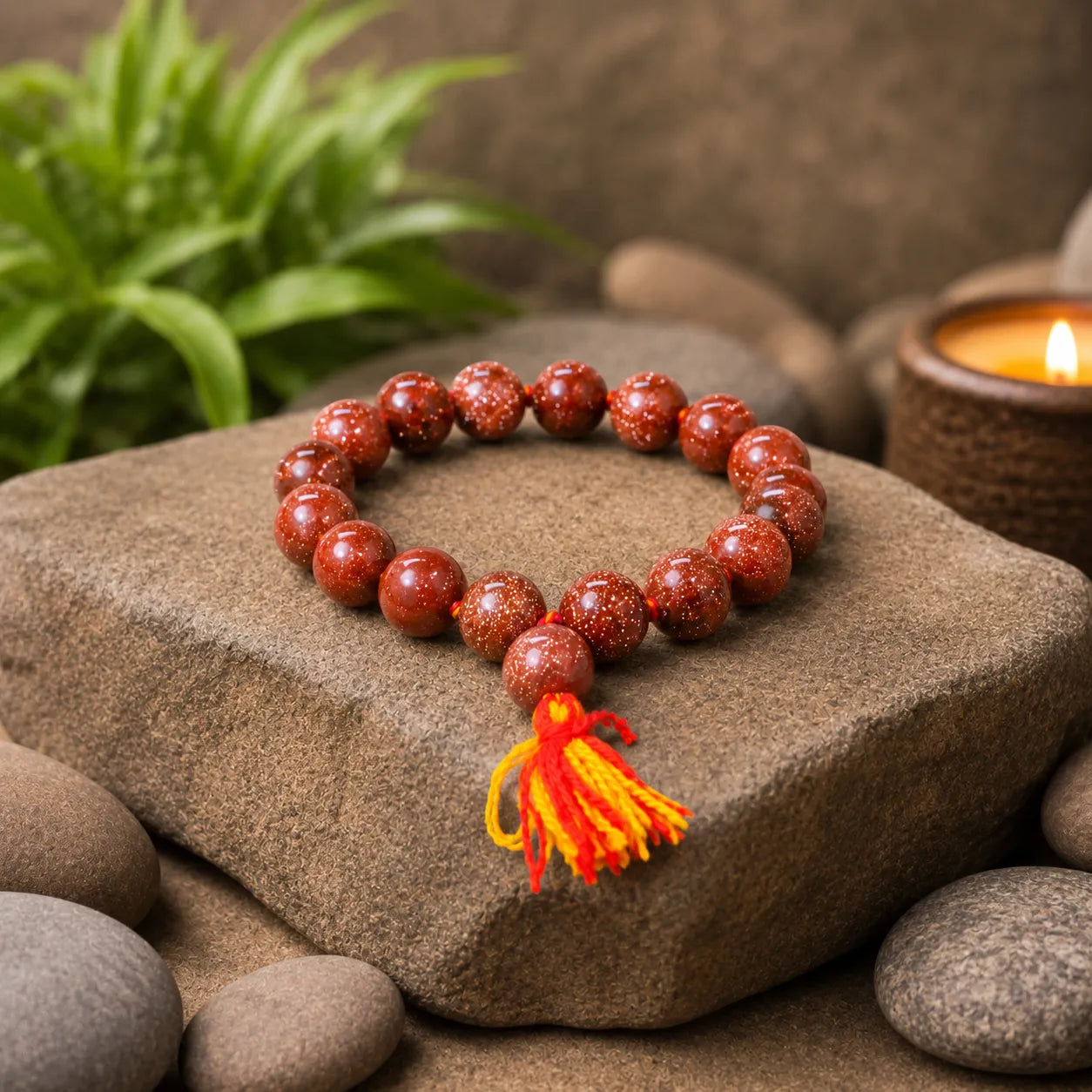 14MM Chand Sitara Stone Bracelet Berkho with sparkling Goldstone gemstone beads, handmade tassel, and premium finish for confidence and positivity.