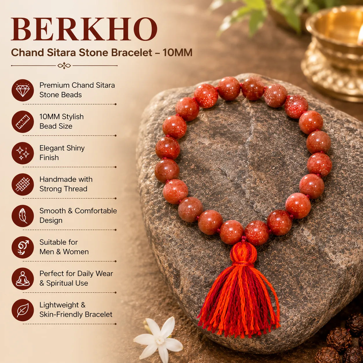 10MM Chand Sitara Stone Bracelet with Sparkling Goldstone Beads and Premium Handmade Design for Men and Women