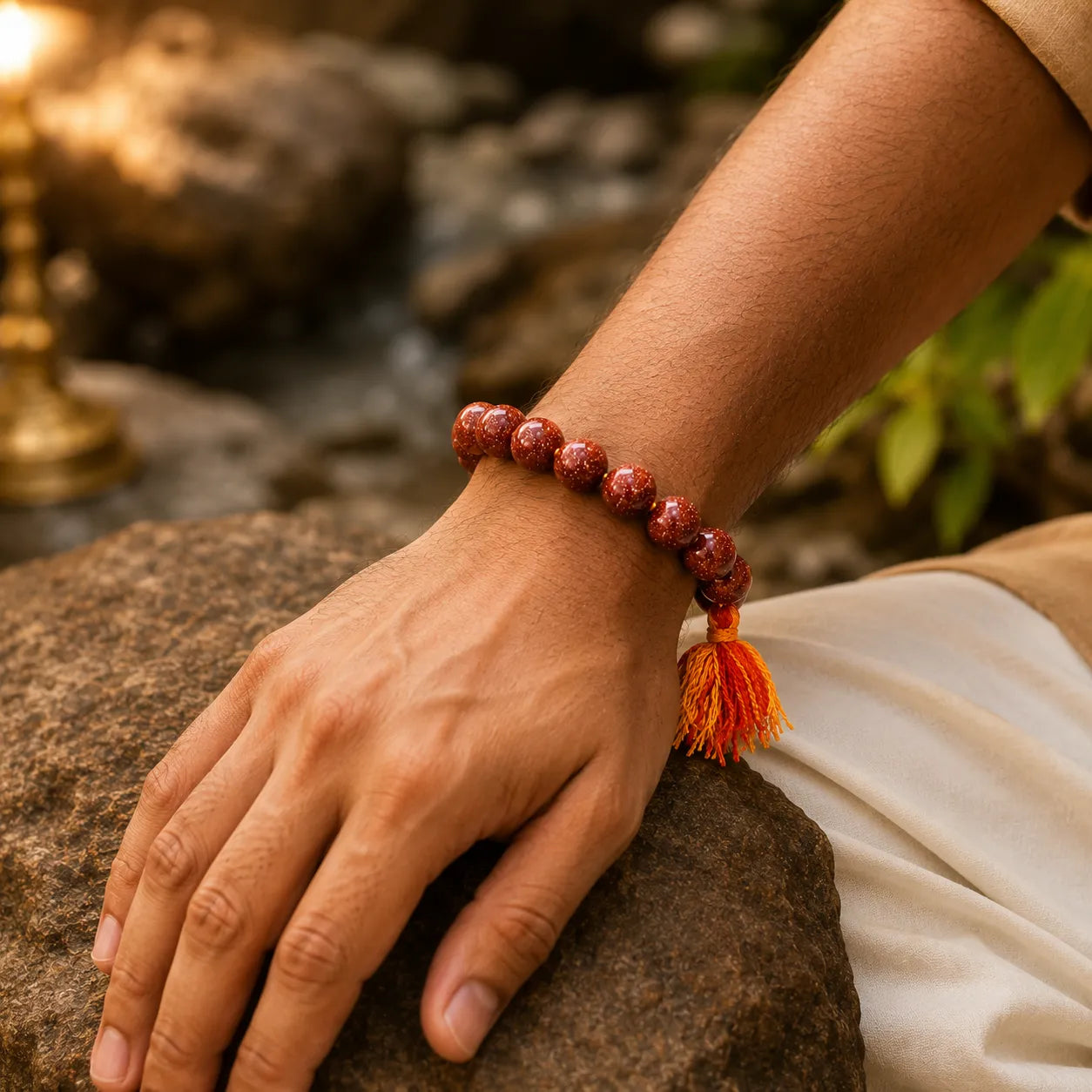 12MM Chand Sitara Stone Berkho Bracelet with Brown Goldstone Beads and Golden Glitter Shine for Men and Women