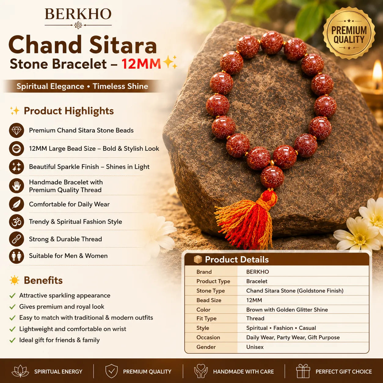 12MM Chand Sitara Stone Berkho Bracelet with Brown Goldstone Beads and Golden Glitter Shine for Men and Women