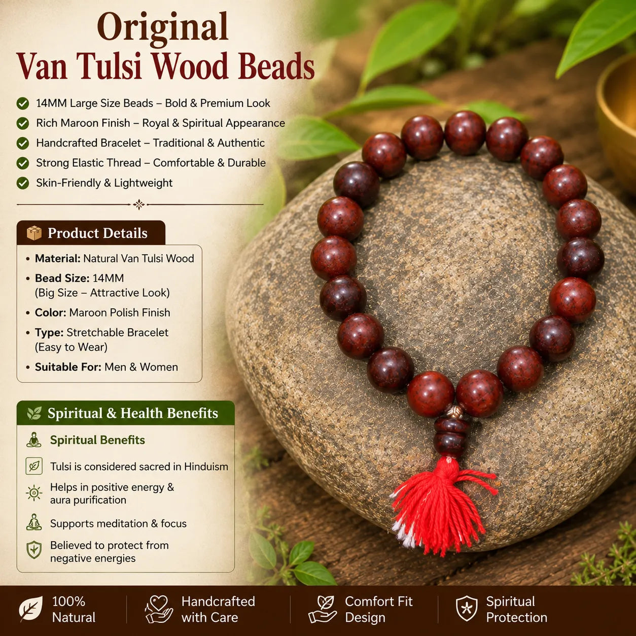 14MM Maroon Color Original Van Tulsi Berkho Bracelet Handmade Natural Tulsi Wood Spiritual Bracelet