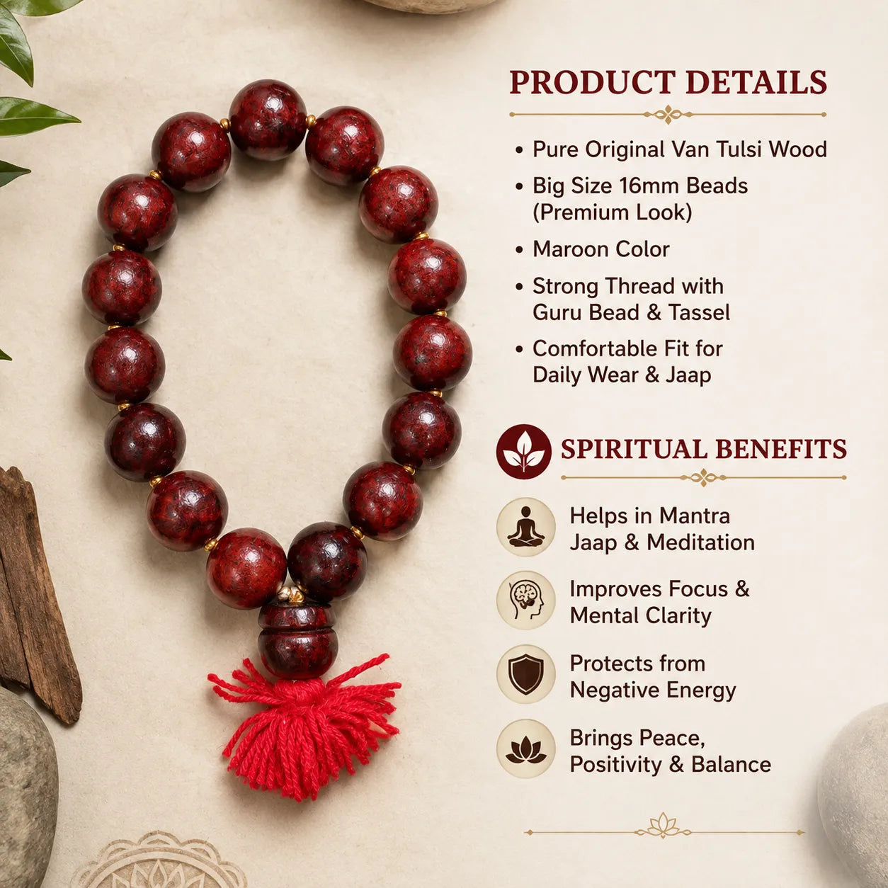 16MM Maroon Color Original Van Tulsi Berkho Bracelet Handmade Natural Tulsi Wood Spiritual Bracelet