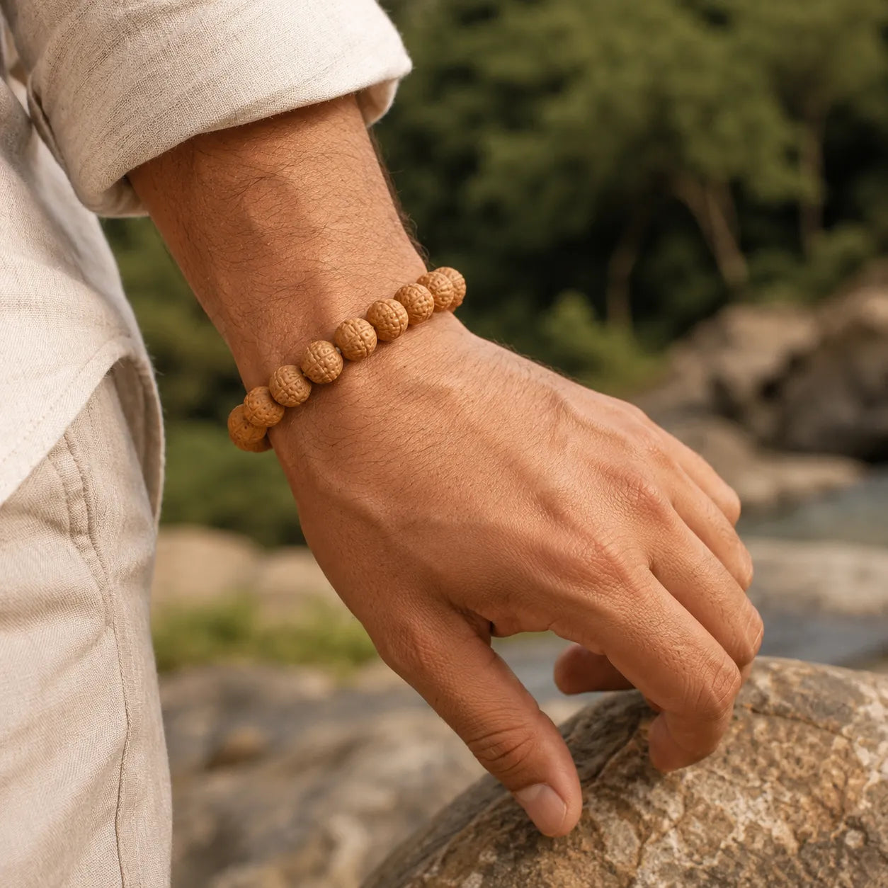 Natural 5 Mukhi Rudraksha Bracelet (Berkho) Handmade Spiritual Wrist Mala with Authentic Rudraksha Beads for Meditation and Daily Wear