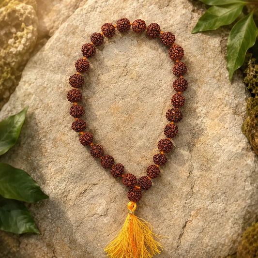 Natural Rudraksha Jaap Mala 27+1 Beads Brown Color Handmade Prayer Mala with Authentic Rudraksha Beads for Meditation Mantra Chanting and Spiritual Practice