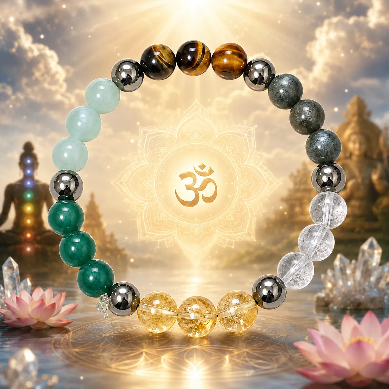 7 Chakra Healing Crystal Bracelet Berkho with natural gemstone beads, Tiger Eye stones, Clear Quartz crystals and spiritual Om design