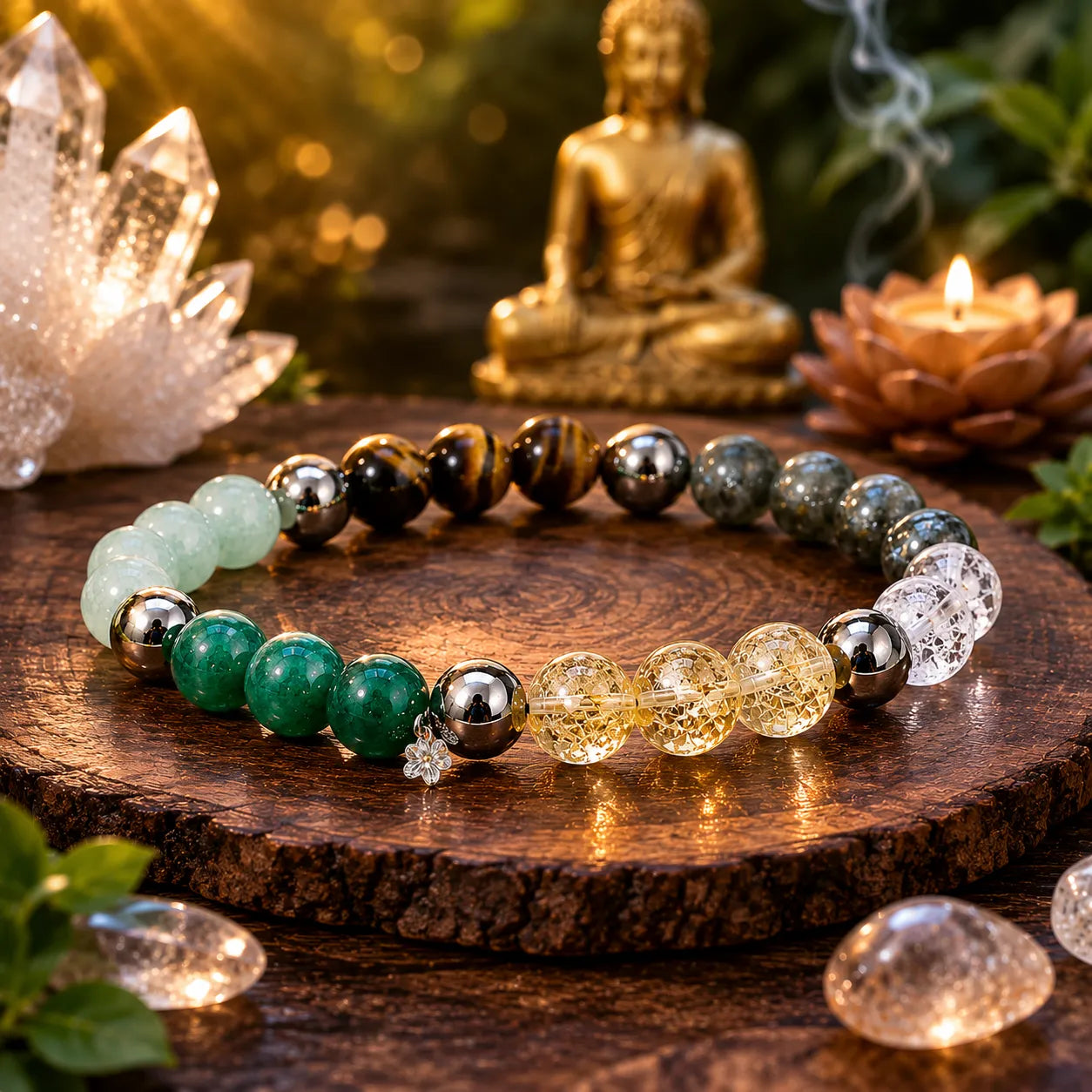 7 Chakra Healing Crystal Bracelet Berkho with natural gemstone beads, Tiger Eye stones, Clear Quartz crystals and spiritual Om design