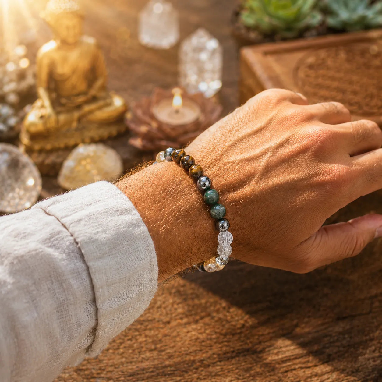 7 Chakra Healing Crystal Bracelet Berkho with natural gemstone beads, Tiger Eye stones, Clear Quartz crystals and spiritual Om design