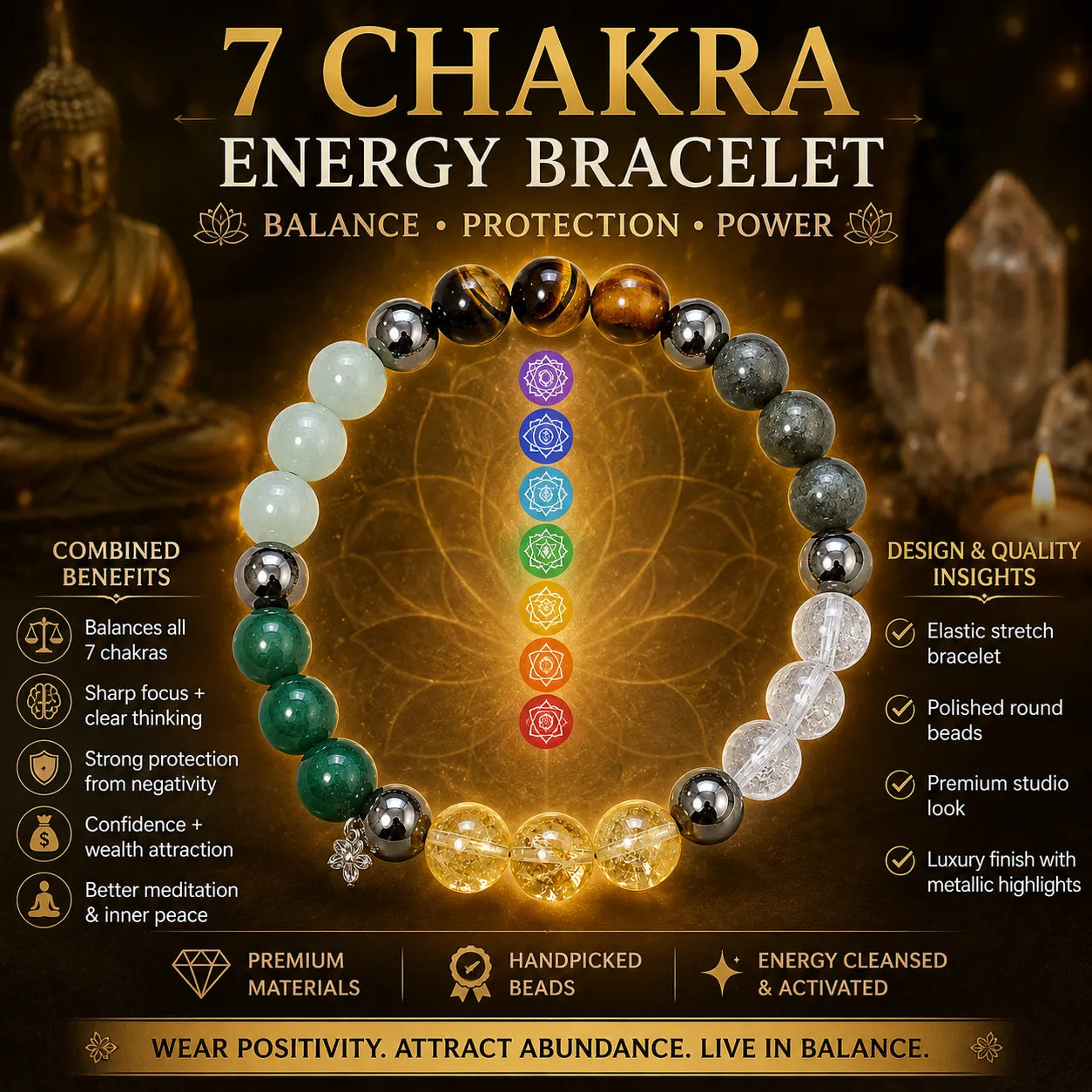 7 Chakra Healing Crystal Bracelet Berkho with natural gemstone beads, Tiger Eye stones, Clear Quartz crystals and spiritual Om design