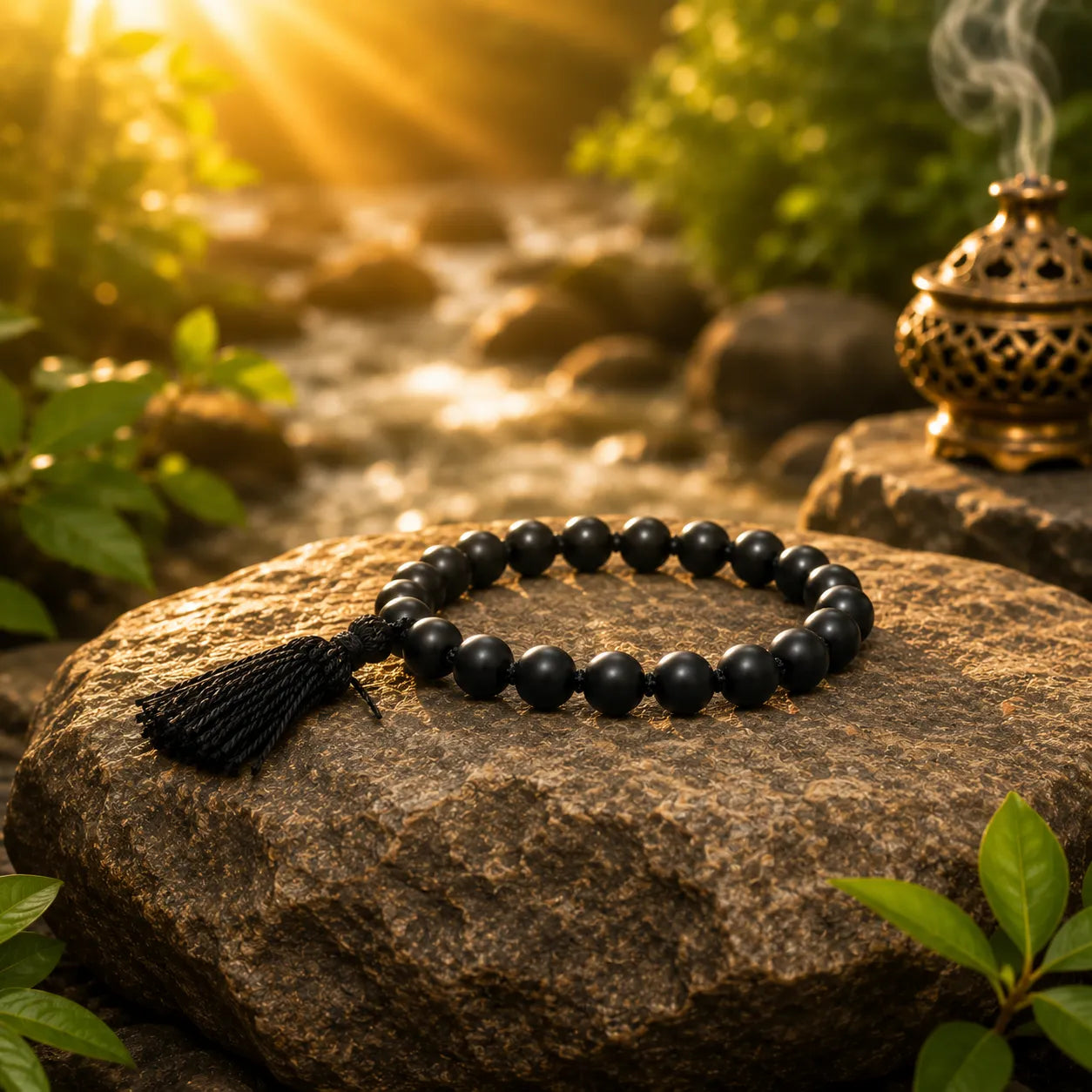 10MM Original Shaligram Stone Bracelet with Natural Black Beads for Meditation, Prayer, and Spiritual Wear