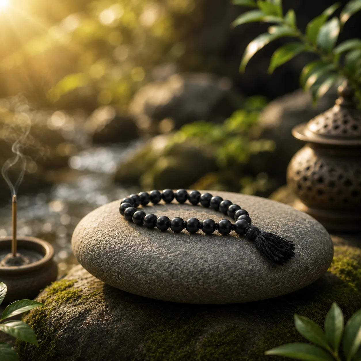 10MM Original Shaligram Stone Bracelet with Natural Black Beads for Meditation, Prayer, and Spiritual Wear