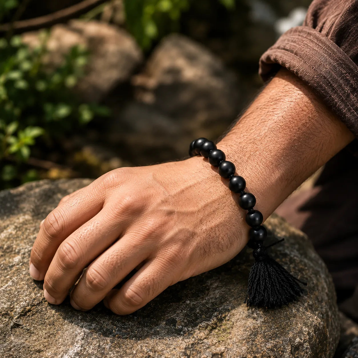 10MM Original Shaligram Stone Bracelet with Natural Black Beads for Meditation, Prayer, and Spiritual Wear