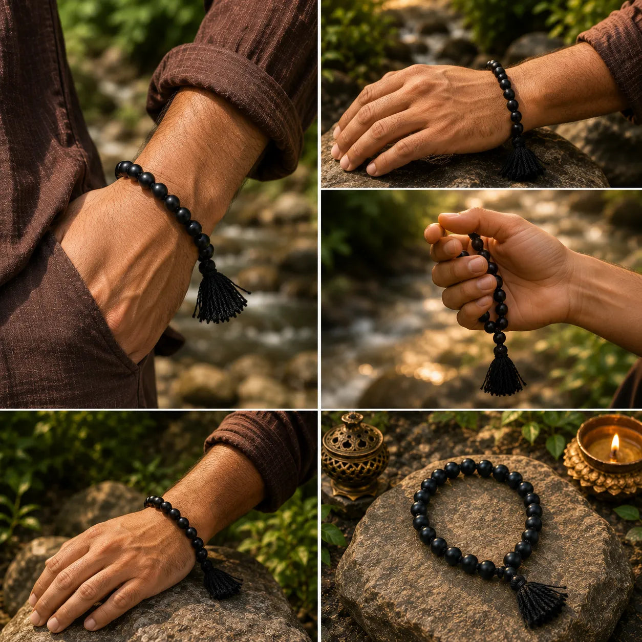 10MM Original Shaligram Stone Bracelet with Natural Black Beads for Meditation, Prayer, and Spiritual Wear